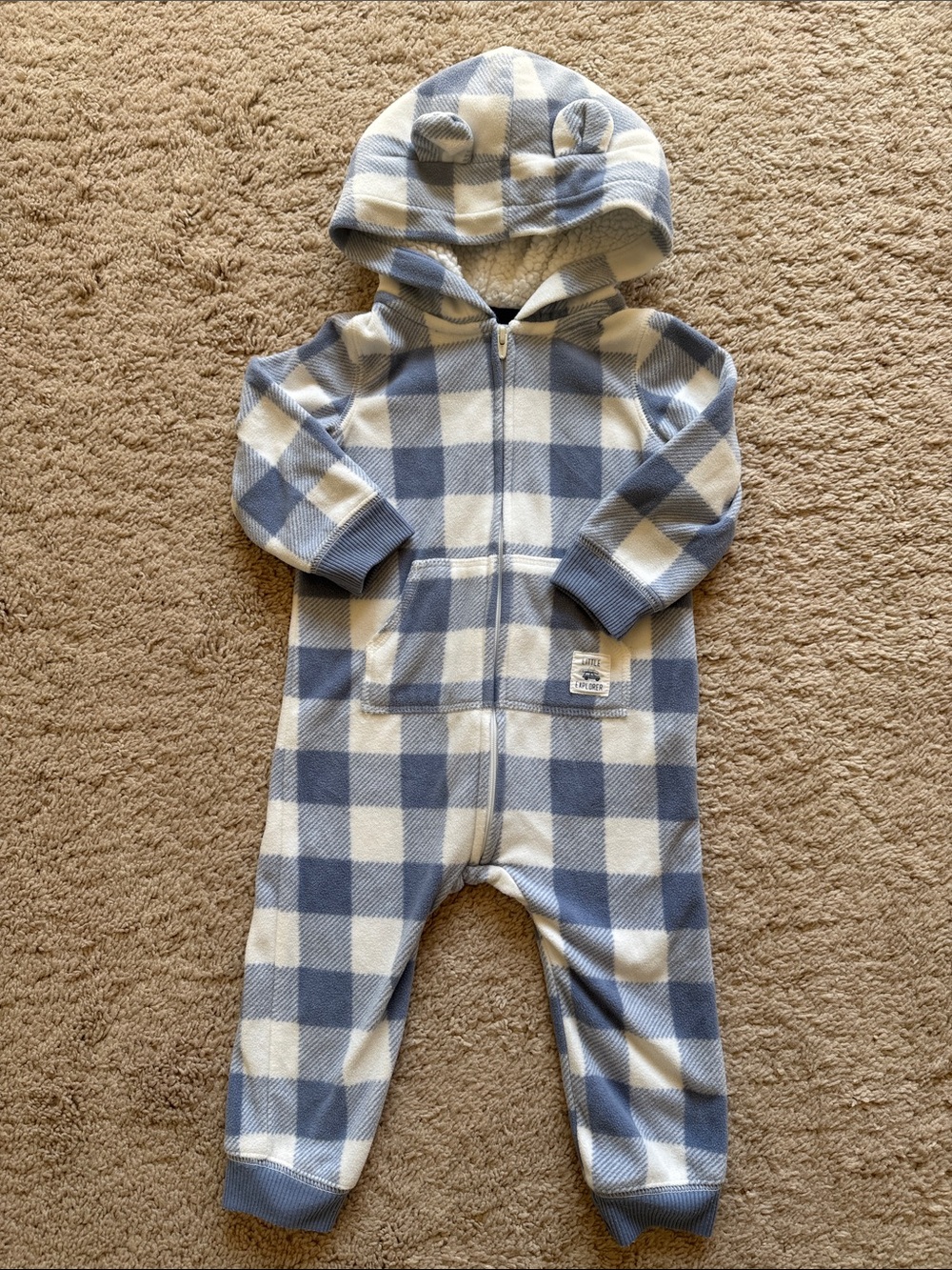 Baby Kids Bear Hooded Plaid Fleece Zip Up Pajama One Piece size 12 months